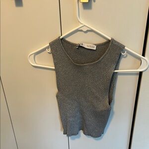 Zara Silver Ribbed Crop Tank Top